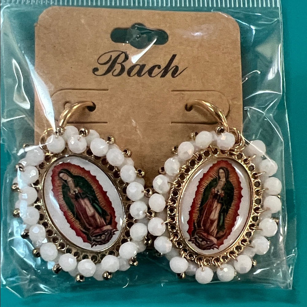 Virgin del Guadalupe Gold and White Religious Earrings